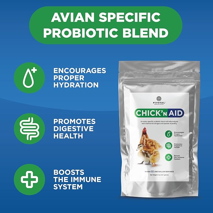 Pivotal Feeds Chick’n Aid Poultry Supplement 8 oz – Electrolytes, Probiotics & Vitamins for Chickens, Ducks & Turkeys | Supports Hydration, Gut Health & Immune Function | Made in USA