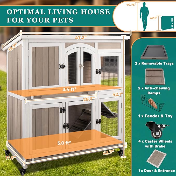 Rabbit Hutch Indoor and Outdoor 2-Story Rabbit Cage with Pull Out Tray,Fir Wood Pet House with Wooden Ramp,Waterproof Bunny Cage Indoor with 2 Asphalt Roofs,Grey (19.7" L x 42.7" W x 47.2" H-P33)