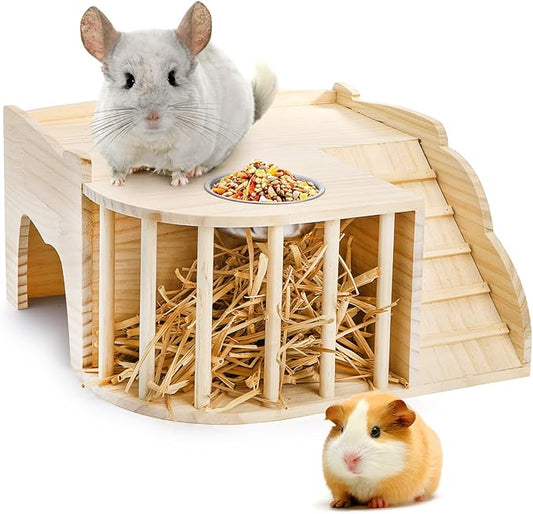 Coloch Wooden Guinea Pig Castle with Hay Feeder, Large Chinchilla Hideout with Feeding Bowl&Ladder Multi-Chamber Guinea Pig House for Guinea Pigs, Chinchillas, Hedgehogs