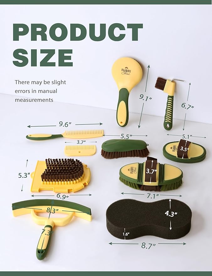 Horse Grooming Kit, 11-Piece Complete Grooming Supplies Set with Curry Comb, Brushes & Hoof Pick for Daily Care, Stable & Show Use Pasture Glow