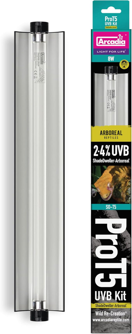 Arcadia T5 UVB Reptile Light Fixture Kit 12" Long 8 Watts 2.4% ShadeDweller-Arboreal – Complete UVB Light for Arboreal Reptiles, Basking Lamp for Geckos and Tree-Dwelling Species, Easy Indoor Lighting