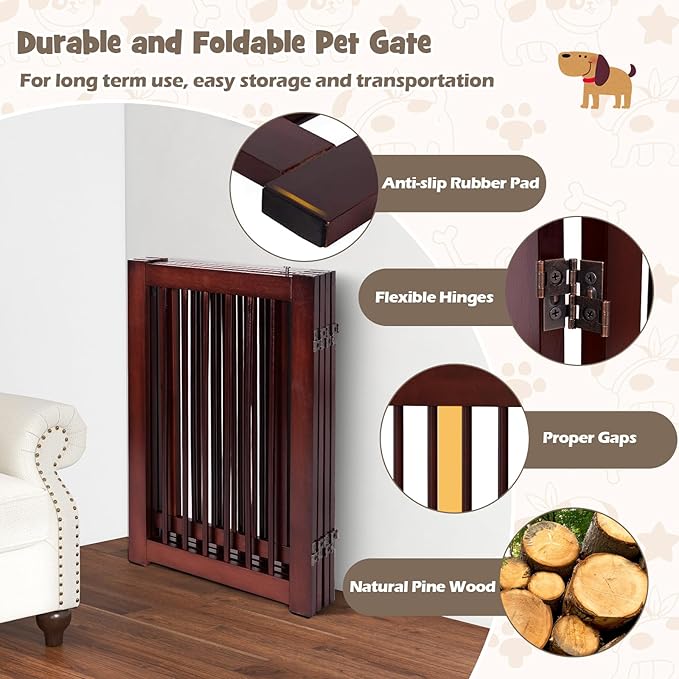 Tall Dog Gate with Door, 4-Panel 30 inch High Wooden Puppy Playpen, Freestanding Pet Door Gates, Folding Indoor Pet Enclosure, Extra Wide Room Divider for House, Stairs, Doorway