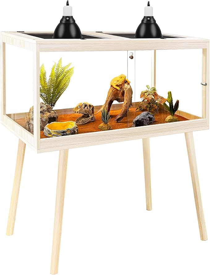 PROLEE Reptile Enclosure with Leg, 35 Gallons Bearded Dragon Tank, Tempered Glass Lizard Tank with Metal Mesh Tops and Lockable Door, Spacious Reptile Habitat for Snake,Lizard (Oak)