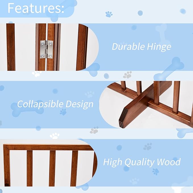 BONNLO Free Standing Dog Gate Indoor, Foldable Pet Gate for Dogs and Puppy, 24" Height Wooden Dog Gates for Doorways Extra Wide/Stairs/Hallways (Brown, 4 Panel)
