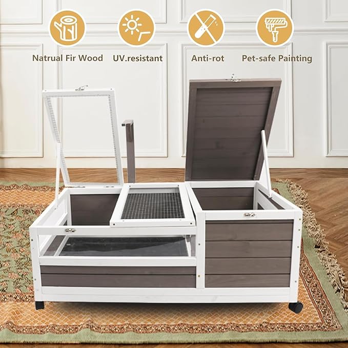 PetsCosset Tortoise Habitat Cage on Wheels with Lamp Stand & Pull-Out Waterproof Tray – Large Wooden Tortoise House, Indoor & Outdoor Reptile Enclosure 78" L x 23" W x 14" H Double Habitat