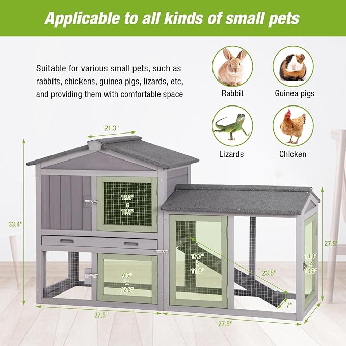 GUTINNEEN Rabbit Hutch Outdoor No Leak Plastic Tray Bunny Cage Indoor with Large Run Space Extensible Chicken Coop