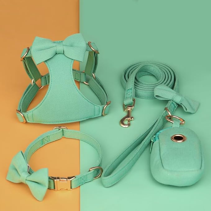 Beirui Adorable Small Dog Harness Collar and Leash Set,Cute XXS Puppy Harness Set with 3 Bows for Tiny Dogs,Chihuahua,Adjustable Step-in Vest for Daily Walking,Parties&Holiday Outfits(Teal,XXS)