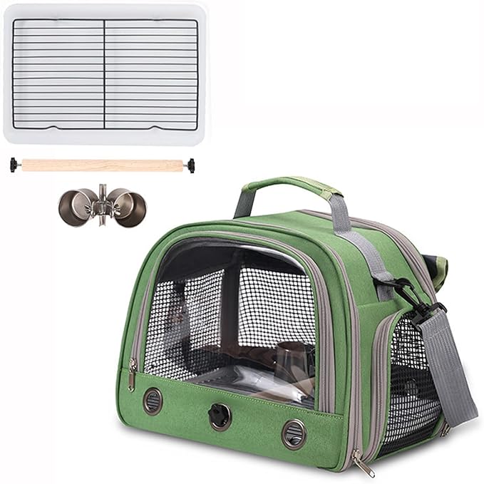 Parrot Carrier Parrot Travel Cage Panoramic View Breathable with Perch Removable Tray Food Cup Standing Net for Conures Parakeet Budgie (Green)