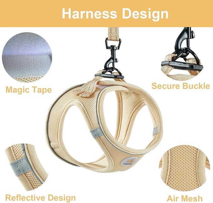 Hipubby Dog Harness and Leash Set, No Pull Soft Mesh Puppy Harness for Small Medium Dogs, Cats - Step in Reflective Breathable Lightweight Vest Harness for Walking, Training - Khaki, L