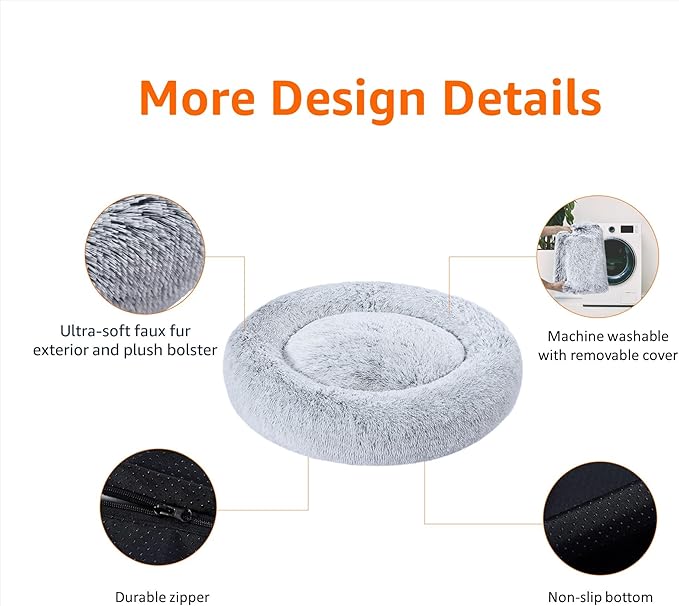 Amazon Basics Washable Donut Pet Bolster Faux Fur Bed with Removable Cover, Anti-Slip Bottom for Dog, Grey, 45" x 45"