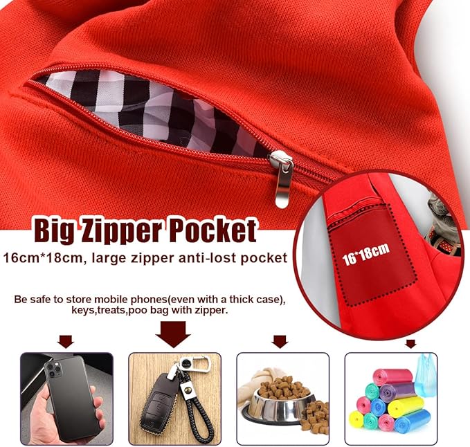 Tomkas Small Dog Sling Carrier - Zipper Pocket & Adjustable Strap & Zip Pocket - for 3-10 lbs Pets (Red)