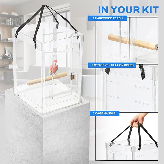 PENNZONI Medium Bird Carrier Display Case, Crystal Clear Acrylic Bird Travel Cage