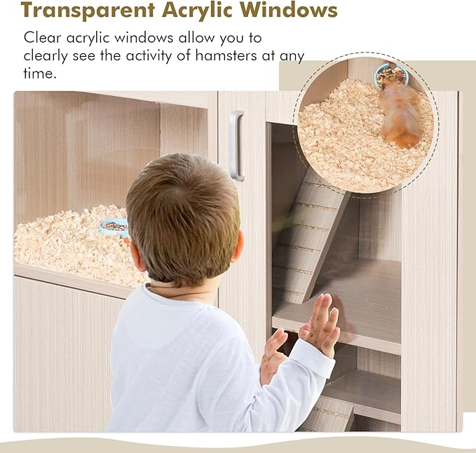 Small Animal Cage Hamster Cage with Storage Cabinet and Ramp, Openable Top, Easy View Acrylic Windows, Wood Ferret Cages for Chinchillas/Guinea Pigs/Rabbit