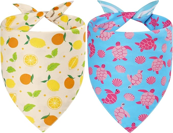 Summer Dog Bandanas Large 2PCS, 4 Pattern Blue Pink Yellow Scarf for Boy and Girl, Triangle Reversible Bibs Breed for Puppy Cats Pets