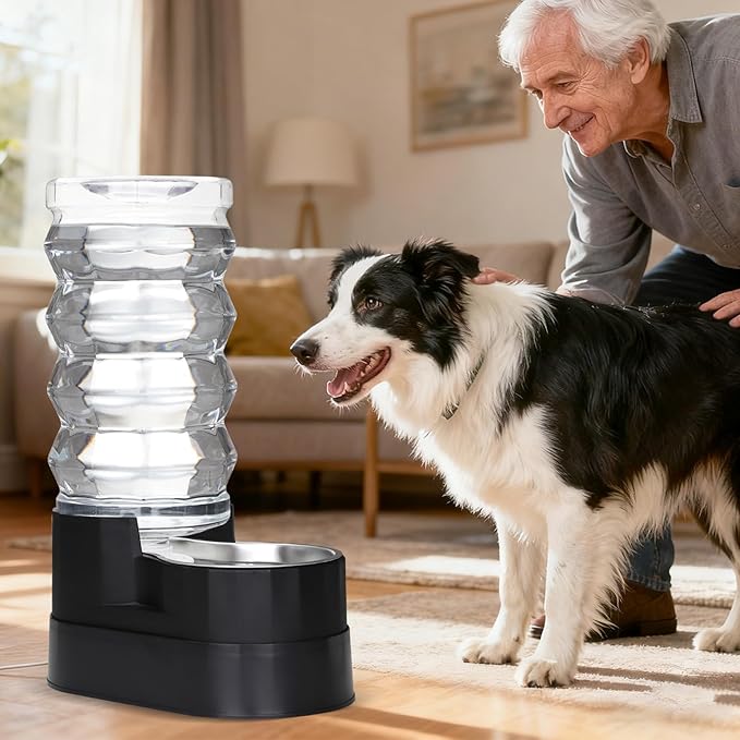 RIZZARI 9L Dog Water Dispenser: Ion Exchange System with Activated Carbon -Helps Prevent Urinary Stones-Extends Lifespan -Eliminates Odors-Softens Water -Black Stainless Steel Automatic Gravity Feeder
