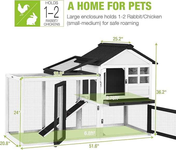 Rabbit Hutch Indoor Outdoor Expandable Bunny Cage 51.6" - Wooden Chicken Coop Small Animal Enclosure with Run for Guinea Pig, Chinchilla, Ferret, Hamster(Black)