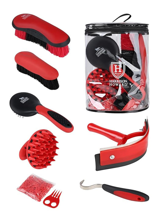 Harrison Howard Horse Grooming Brush Set, 7 Essential Grooming Brushes for Daily Horse Care, Body, Mane, Tail & Shedding Use Red