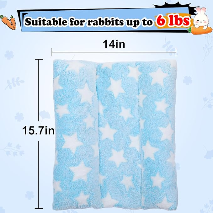 MEWTOGO 15.7" x 14" Bunny Bed for Rabbit Cage - Thickened Soft Prevent Sore Hocks Plush Mat with Cotton Lounger Pillows, Small Animal Flop Mat for Hutch Sleeping Indoor, Light Blue-Star