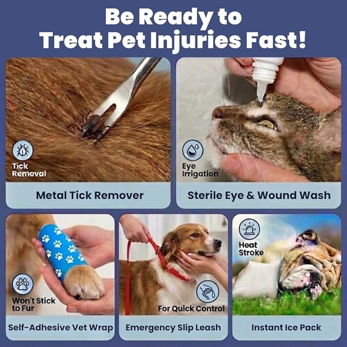 Dog First Aid Kit - Vet Approved Emergency Supplies - Pet First Aid Kit Guide, Tick Remover, Slip Leash & Medical Essentials for Home, Camping, Car, RV, Travel (Essential Pack)