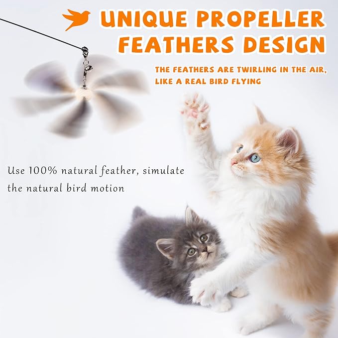 JXFUKAL Cat Wand Toys, Interactive Cat Toys with 3 Feather Refills, 29'' Flexible Steel Wire, Sturdy Wood Handle & Bell for Kitty Kitten, Cat Toys for Indoor Cats Teaser Cat String Toy - Image 2