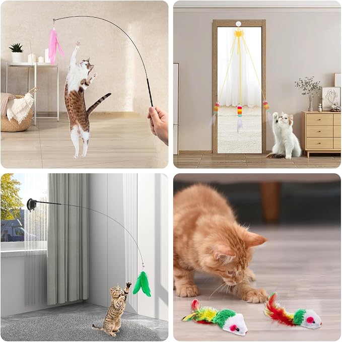 Depets Cat Wand Toy, 15 Pcs Interactive Cat Feather Toys for Indoor Self Play & Exercise, 2 Play Modes Kitten Teaser Wand, Reusable Suction Cup Kitten Toys - Image 5