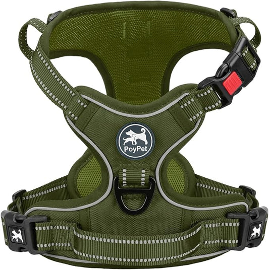 PoyPet No Pull Dog Harness, No Choke Reflective Dog Vest, Adjustable Pet Harnesses with Easy Control Padded Handle for Small Medium Large Dogs(Military Green,L)