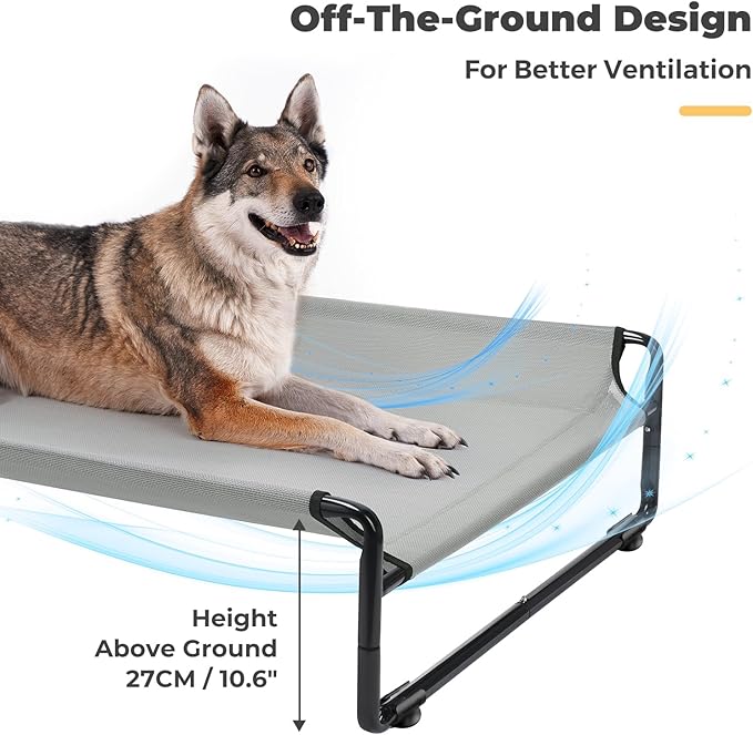 Veehoo Raised Dog Beds for Large Dogs, Washable Dog Cot with Headrest Sides, Outdoor Elevated Dog Bed with Non-Skid Feet, Breathable Mesh, Cooling Pet Hammock for Indoor or Camping, 49", Grey