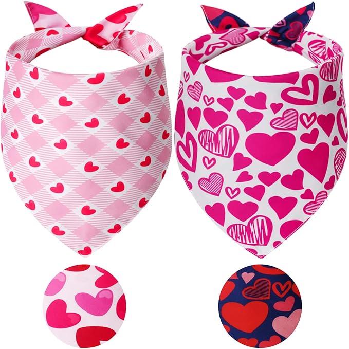 Valentine's Dog Bandanas Small 2PCS, Triangle Reversible Sweetheart Scarf for Boy and Girl, Love Bibs for Large and Small XS Cats