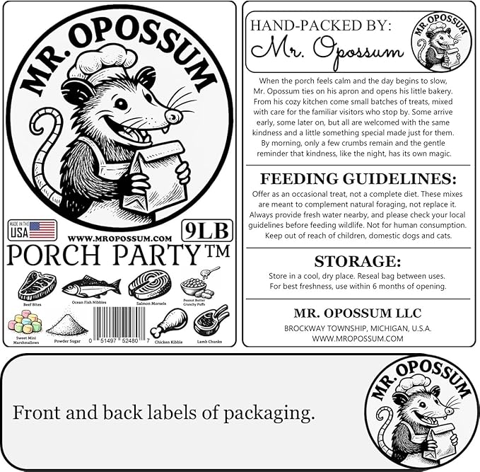 Porch Party Mix™ Raccoon and Opossum Food Wildlife Treat Blend for Backyard Feeding with Marshmallows Beef Chicken Lamb Ocean Fish and Peanut Butter Puffs (9 lb Pail)