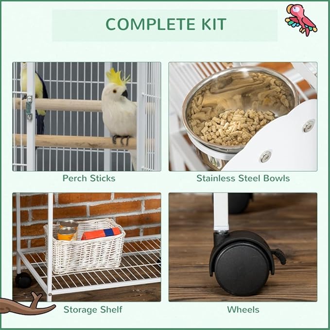 Bird Cage Outer Perch and Ladder,Hooks for Hanging Toys,Two Perches High-Security Latches,Removable Bottom Grate and Slide-Out Tray White
