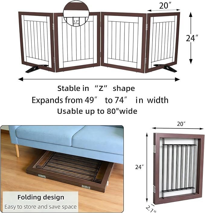 ZJSF Freestanding Dog Gate Indoor, Foldable Dog Fence for Doorways,Hallways or Stairs, Sturdy Wood Extra Wide Pet Gate with Support Feet,Brown,24 "Height-4 Panels