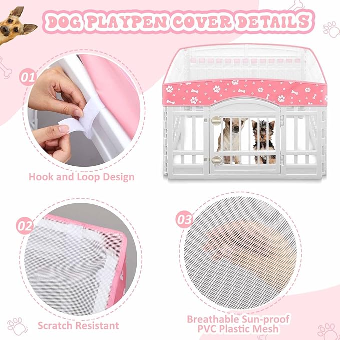 2 Pack Dog Playpens Cover and Bottom Mat Fits for 36 Inch 4 Panels Pet PlayPen, Dog Crate Cover Puppy Exercise Pad, Reusable Washable, Hoop and Loop Design, Playpen Not Included(Pink)