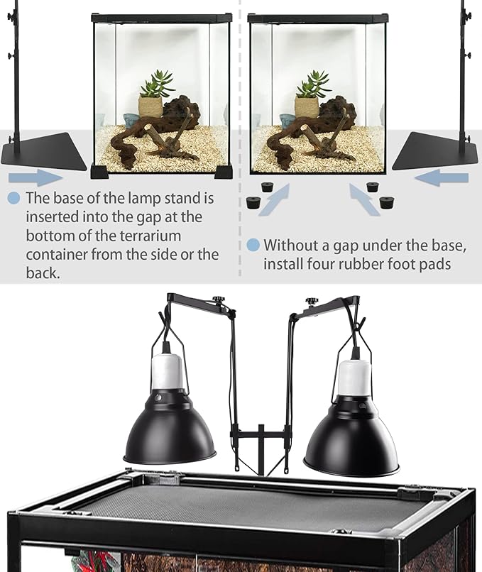 Dual Reptile Heat Lamp Stand for Light Fixtures - Adjustable Height 14.4"-36.2" Metal Holder - Floor Light Stand for Terrarium & Tank