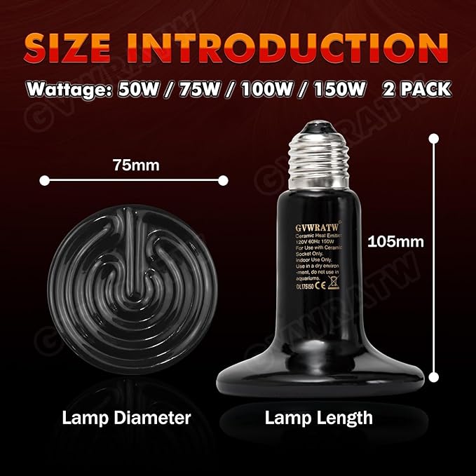 Ceramic Heat Emitter, Reptile Heat Bulbs (2 Pack-0.25 inch-75mm) - Versatile Warming Bulbs for herptiles, Birds, and Household Pets. (150 Watts)
