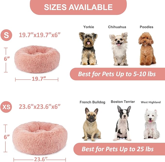 Extra Small Dog Bed 19 Inch,Calming Donut Puppy Bed,Ultra Soft Faux Fur Round Dog Bed for Chihuahua Yorkie Maltese Pomeranian,Pink