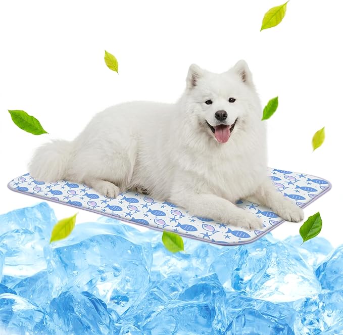 NWK Pet Cooling Mat for Large Dogs -Q-Max>0.345 Ice Silk Cooling Mat for Dogs & Cats Portable & Washable Pet Cooling Blanket, Car Seats, Beds for Summer (Purple Fish, 39'' X 27'' X 0.3'')