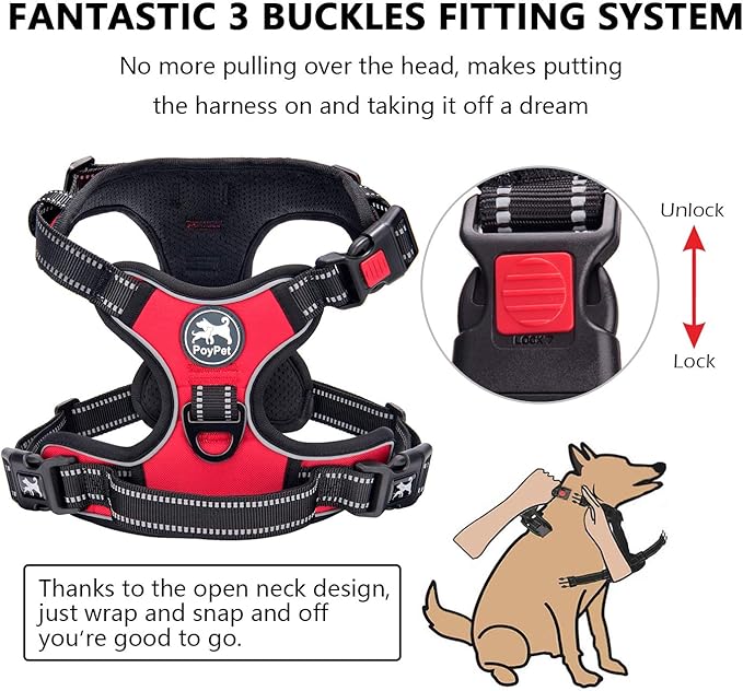 PoyPet No Pull Dog Harness, No Choke Front Clip Dog Reflective Harness, Adjustable Soft Padded Pet Vest with Easy Control Handle for Small to Large Dogs(Red,XS)