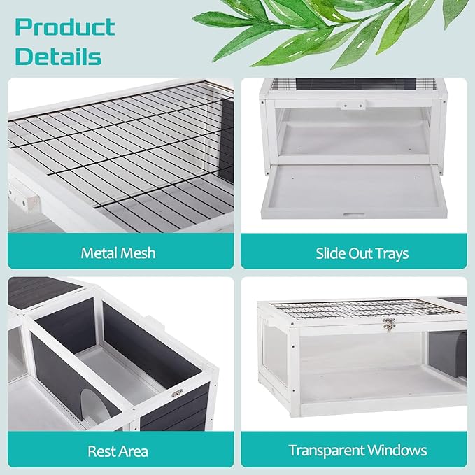 Turtle Habitat Enclosure, Large Wooden Tortoise House for Indoor and Outdoor Use, Reptile Enclosure with Openable Roof & Secure Locking System (White)