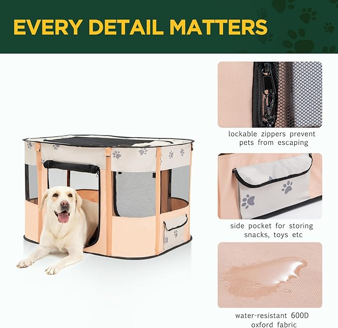 Avont Portable Dog Cat Playpen, Foldable Pop Up Pet Play Pen Travel Crate with Floor and Mesh Door Top for Indoor Outdoor Collapsible Tent Cage -L, Orange