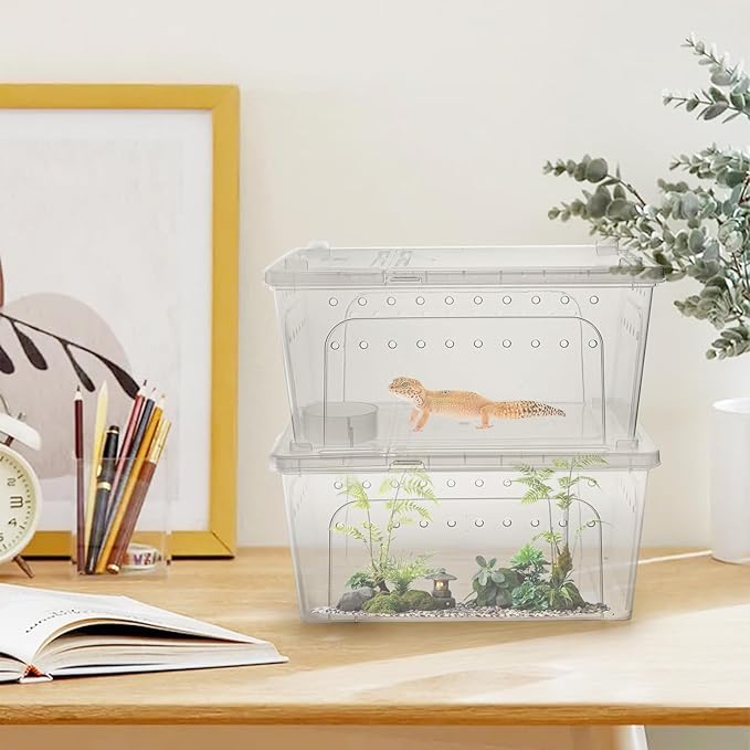 Tlence 2 Pack Critter Keeper, 12.6"x8.7"x6" Clear Plastic Enclosure Terrarium, Portable Transport Container with Feeding Bowl, Small Hatching Container with Ventilated Lid for Snake, Lizard, Gecko