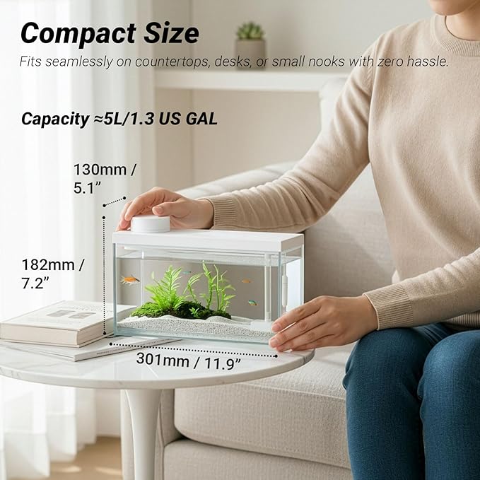 Smart Desktop Aquarium Kit with App Control - 1.3 Gal Glass Fish Tank with Automatic Feeder, RGB Lighting, & Temperature Monitor - Self-Cleaning Filtration System for Betta, Guppy