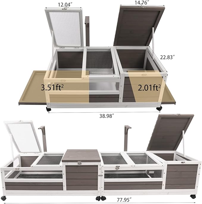 Gowoodhut Tortoise Habitat,Large Wooden Indoor Tortoise House on Wheels,Outdoor Turtle Enclosure Reptile Cage for Small Animals with Waterproof and Leakproof Tray 39" Wide