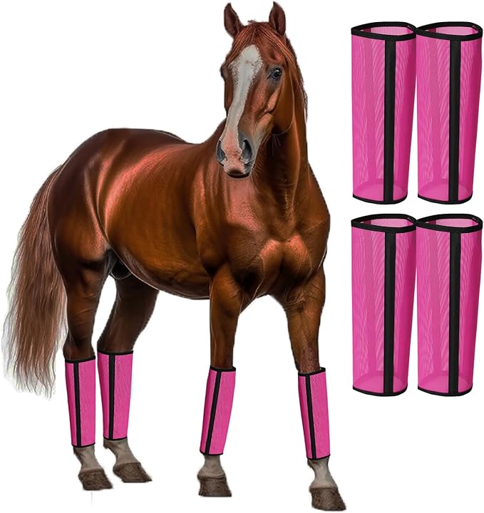 Fly Boots for Horses Set of 4 Breathable Textilene Mesh Horse Fly Boots with Stable Support & UV Protection, Comfortable Equine Boots, Reduces Stomping, Leg Fatigue & Hoof Damage(Magenta)