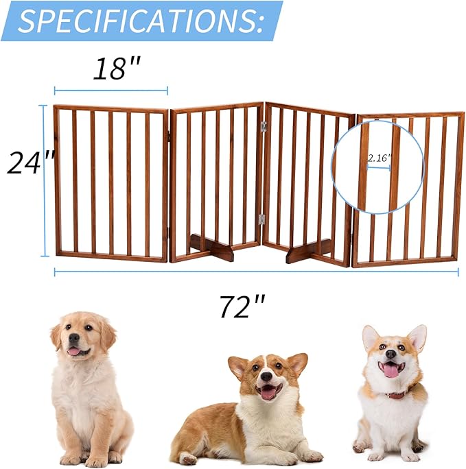 BONNLO Free Standing Dog Gate Indoor, Foldable Pet Gate for Dogs and Puppy, 24" Height Wooden Dog Gates for Doorways Extra Wide/Stairs/Hallways (Brown, 4 Panel)