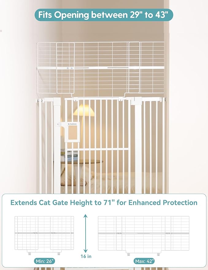 No Pawblems 71" Extra Tall Pet Gate, 29-43" Auto Close Cat Gate for Doorways/Stairs/Hallways, NO Drilling Pressure Mounted Tall Dog Gate, 1.37" Ultra Narrow Spacing, White