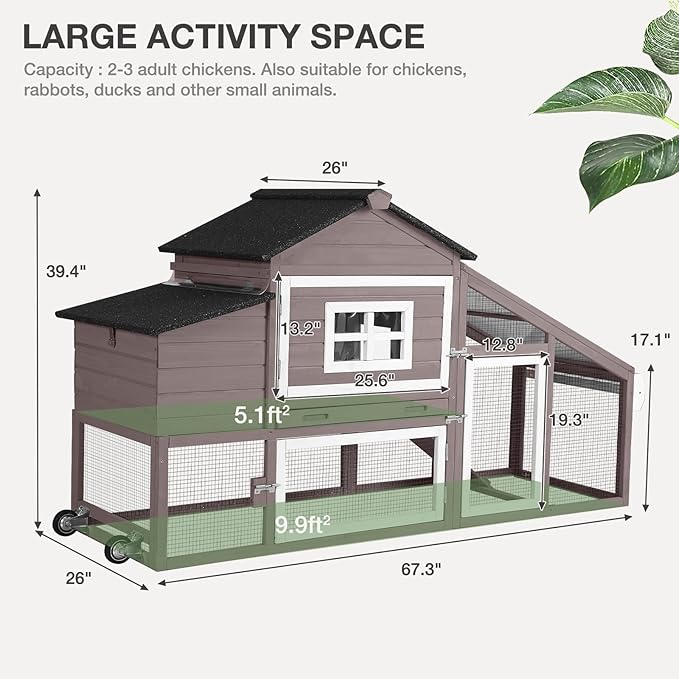 Wooden Chicken Coop with Run, Mobile Chicken House with Wheels, Outdoor Hen Poultry Cage with Leak-Proof Tray and Nesting Box, Lager Chicken Coops with UV-Resistant Roof for 2-3 Chickens (Brown