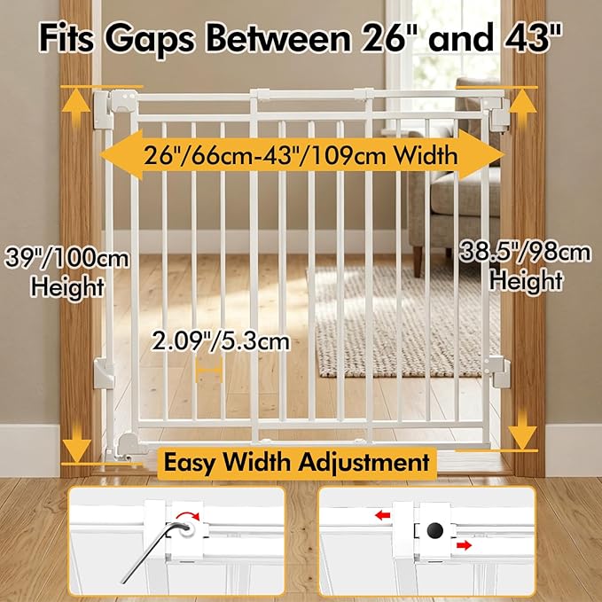Extra Tall Baby Gate for Stairs Doorways & Kitchen, 26.4"-43" W x 39" H, No Bottom Bar Dog Gate, One-Handed Auto-Close, Hardware Mount Safety Gate for Dogs & Toddlers, White