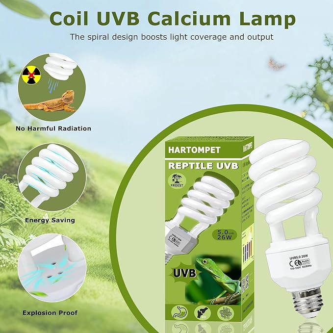 HARTOMPET 5.0 UVB Reptile Light 26W, Compact Tropical Terrarium Lamp, Coil UVB Bulb for Chameleons, Iguanas, Turtles, Rainforest Tanks & Reptile Habitat