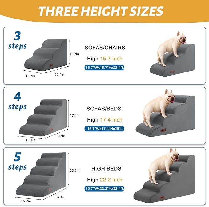 Aodisman 3-Step Dog Ramp and Stairs for Sofa and Chair - Non-Slip Sturdy Pet Steps for Small Dogs and Cats,15.7" H,Grey