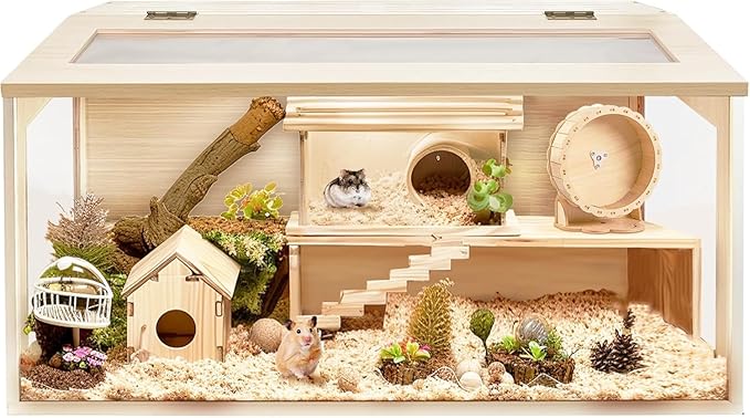 PROLEE Hamster Cage with Chewproof Wood Top, Guinea Pig Cages, Hamster Habitat with Clear Acrylic Sheets Solid Built, Small Animal Cage (Oak, 32X15.5X15.5 inch)
